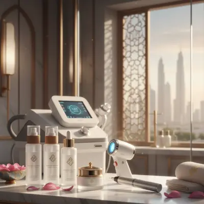 A Skin Treatments in Dubai - Medicure Aesthetic displays a serene sanctuary, where modern luxury meets skincare artistry. The marble countertop, adorned with selective blue-lidded products, invites pampering. The panoramic city view adds a touch of exclusivity to this sophisticated space.