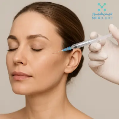 A woman with smooth, clear skin and closed eyes receives an anti-wrinkle injection near her eye area from a gloved professional, set against a plain, neutral background at an aesthetic clinic in Dubai.
