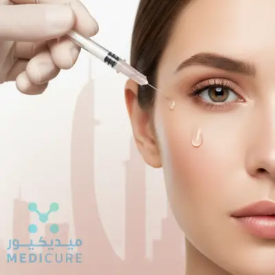 A Botox Injections In Dubai displays a city skyline backdrop, elegantly blending into a light pink palette. The eye-catching ad highlights the Botox treatment, promising wellness in the heart of Dubai.