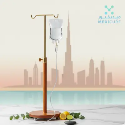 A professional IV drip stand with a clear solution bag, set against a blurred, soft-focus background of the Dubai skyline at sunset. In the foreground on a marble surface are a few elements representing wellness: sliced lemons, a smooth black stone, and a small sprig of eucalyptus.
