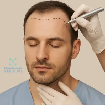 A FUE Hair Transplant displays a groundbreaking fusion, blending the FUE technique with a delicate, laser-guided design. The FUE process creates a subtle, precise thread pattern that enhances the mans forehead, adding a touch of refined elegance. Precision and sophistication unite in this unique transplant.
