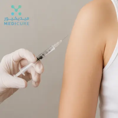 A healthcare professional administering GLP-1 injections in Dubai to a patientโs arm, showing a clean medical setting and a calm, professional environment.