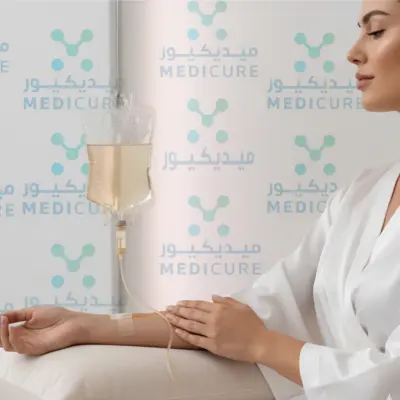 A IV Drip Therapy Dubai showcases a serene scene, as a woman in Dubais tranquil setting receives treatment. The white cushion and Arabic backdrop create a sense of calm, with a syringe象征专业手法, emphasizing Dubais modern medical expertise.