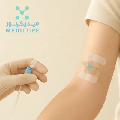 A Immune Boost IV Drip in Dubai displays a sleek, transparent design, with a clear solution in a white-gloved hand. The Dubai logo adds authenticity, offering convenience for on-the-go immune support in the city.