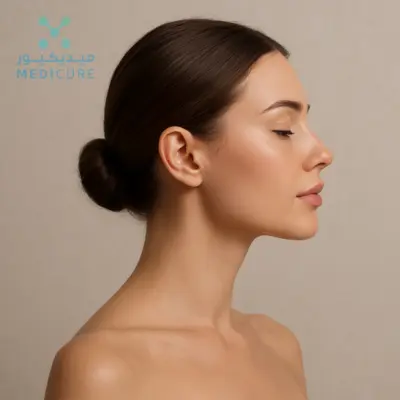 Close-up side profile of a woman with a well-defined jawline and chin, representing natural enhancement results from Jawline & Chin Fillers in Dubai.