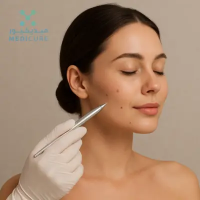 Close-up of a woman receiving a gentle Mole & Skin Tag Removal treatment on her face by a dermatologist using a precision tool in a clean, professional setting.