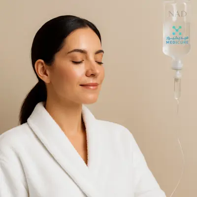 A NAD IV Drip Dubai displays sleek white design, with a transparent tube connecting to the patients arm in a Dubai medical setting. The patient, comfortably attired in a white robe, benefits from a convenient and efficient IV solution.