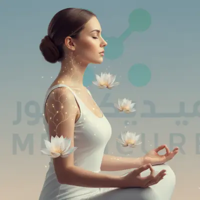 A Psychiatry in Dubai showcases a tranquil meditative scene, with a woman in a peaceful lotus pose. The serene setting, adorned with Dubais geometric pattern, invites spiritual reflection in the heart of the city.