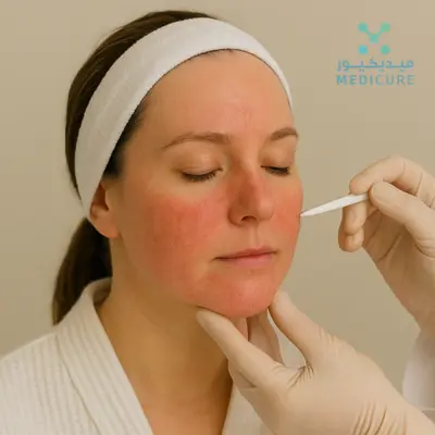 A woman receiving professional rosacea treatment in Dubai, showing mild facial redness as a dermatologist gently applies a skincare solution in a calm clinical setting.