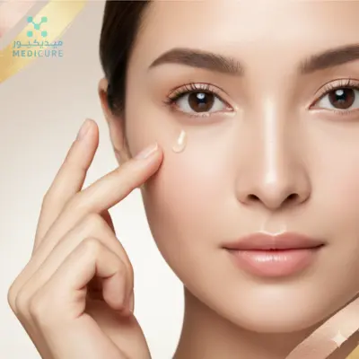 Close-up of a woman gently applying serum to her under-eye area, symbolizing rejuvenation and beauty treatment.