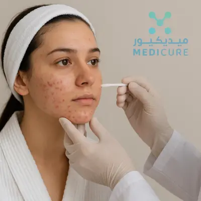 A dermatologist applying acne treatment on a young womanโs face in a Dubai clinic, showing a calm, professional skincare session with a simple neutral background.
