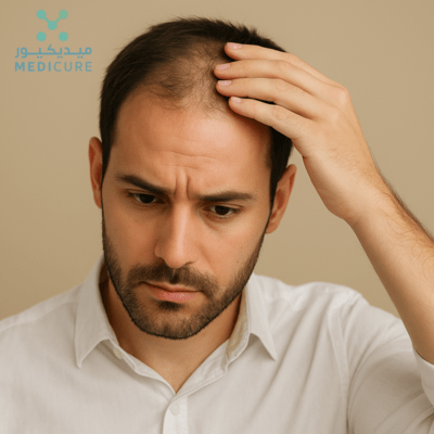 A man examining his thinning hairline with concern, representing non-surgical hair loss treatment solutions focused on natural hair restoration.