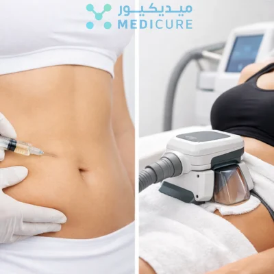 Side-by-side comparison of two body contouring treatments: on the left, a close-up of a woman receiving a fat-dissolving injection in the abdomen by a professional wearing gloves; on the right, a woman undergoing CoolSculpting with the applicator applied to her midsection while lying down, with a towel under the device and medical equipment in the background.
