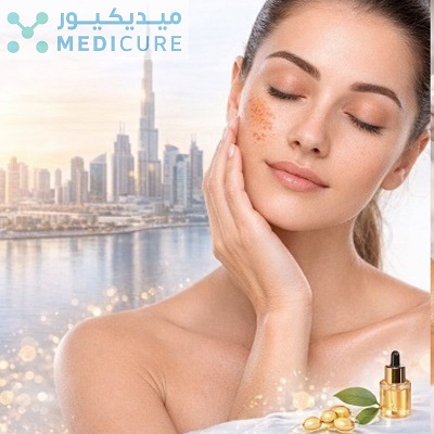 Young woman with hyperpigmentation spots on cheek, touching face gently, Dubai skyline background