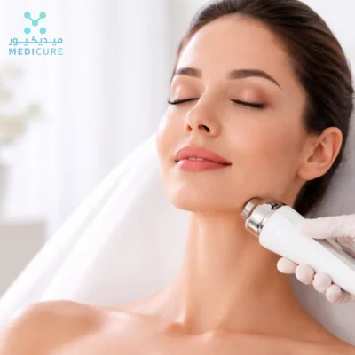 Radiofrequency skin tightening treatment being performed on the face in a modern aesthetic clinic