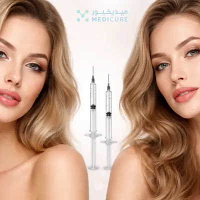 Side-by-side close-up of two women showcasing different lip enhancement styles, with subtle aesthetic syringes in the center against a soft neutral background.