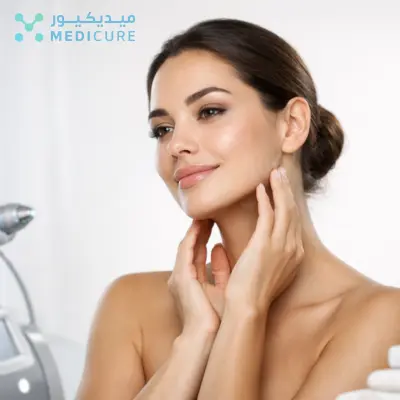Woman gently touching her face during a non-surgical skin tightening treatment in a modern aesthetic clinic
