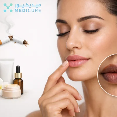 Close-up portrait of a woman gently touching her smooth pink lips, with skincare products and a broken cigarette in the background symbolizing treatment for smoker’s lips.