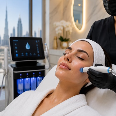Woman receiving a HydraFacial treatment in a Medicure Dubai aesthetic clinic with advanced skincare technology and glowing skin results.